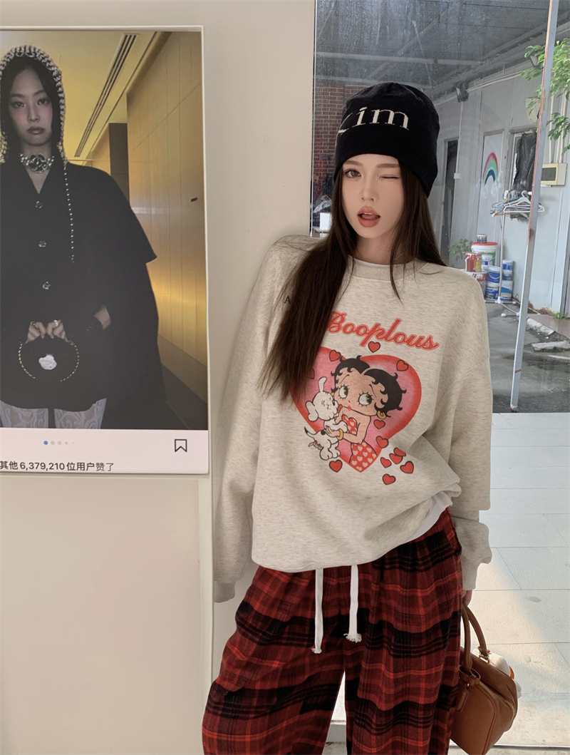 實拍：甜酷辣妹燕麥色加絨卡通印花套頭印花休閒寬鬆衛衣女