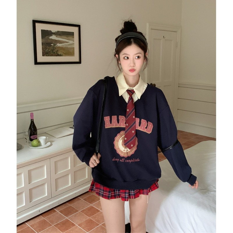 大碼休閒polo領印花美式復古衛衣女裝冬季新款胖mm顯瘦遮肉上衣女
