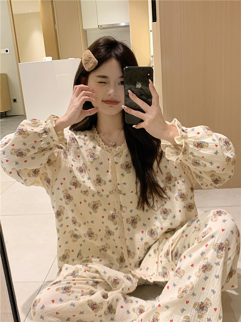 實拍韓版甜美軟棉雙紗可愛卡通熊仔長袖寬鬆家居服套裝連衣裙