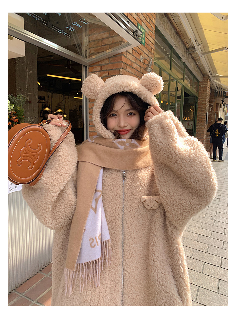 Funny Bear Bear Ears Lamb Fur Particle Coat for Women