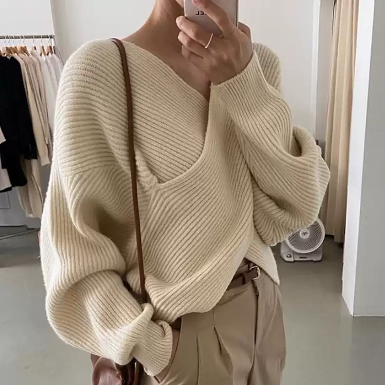 韓國chic秋季簡約顯瘦大V領交叉設計感寬鬆休閒百搭針織衫毛衣女