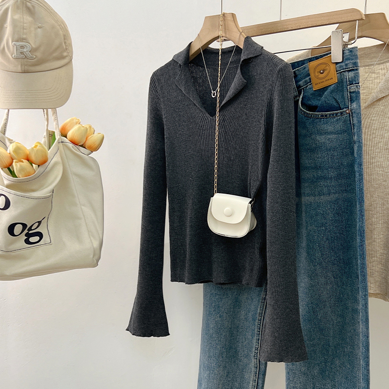 Real shot polo collar knitted bottoming shirt for women spring and autumn 2023 new design niche slimming inner wear for women