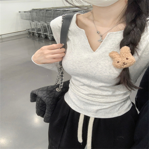 小V领带胸垫长袖T恤女秋季新款时尚设计感褶皱显瘦短款打底衫