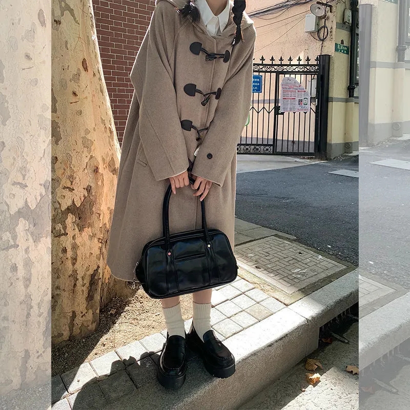 Hooded Horn Button Woolen Coat Women's 2023 Winter Korean Style Loose Over-the-Knee Thickened Mid-Length Woolen Coat