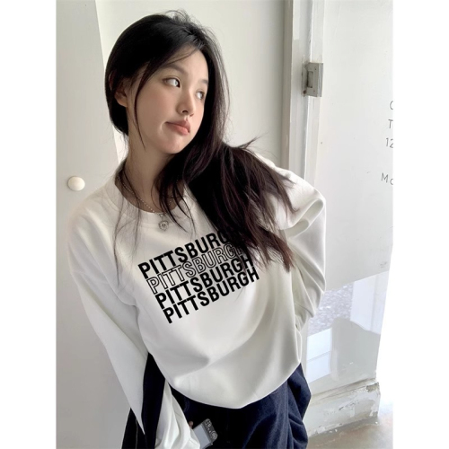 Official picture of early autumn new pure cotton round neck pullover long sleeve letter casual high quality thin round neck sweatshirt for women