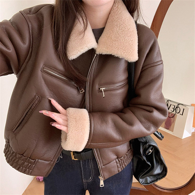 Flight jacket imported merino 100 lambswool sheared leather one-piece fur coat women's fur lapel