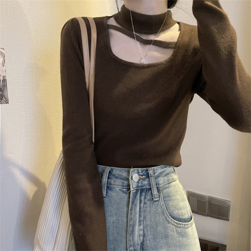 Real shot of long-sleeved halterneck design niche sweater women niche bottoming shirt autumn and winter soft and waxy top