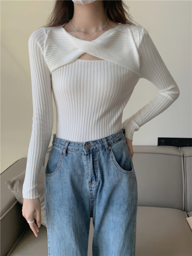 Real shot core-spun yarn cross knitted sweater for women fashionable buttoned long-sleeved top bottoming sweater