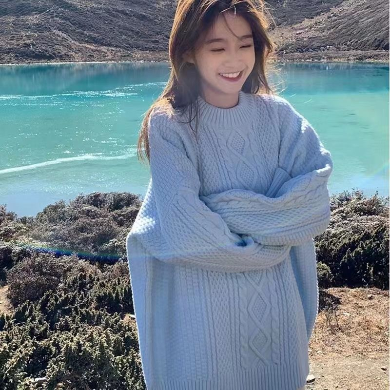 溫柔風軟糯綠色麻花毛衣外套女春秋oversize寬鬆慵懶風套頭針織衫