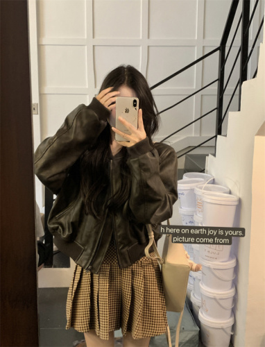 Actual shot ~ American style motorcycle short leather jacket for women + high-waisted woolen houndstooth pleated short skirt two-piece set