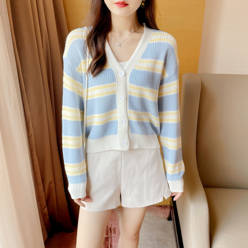 2023 Autumn and Winter Striped Color Blocking Knitted Cardigan Jacket Women's Slim Fit Short V-Neck Sweater Top for Little People