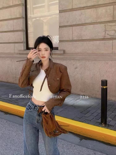 Designed brown retro leather jacket for women  spring small Hong Kong style short pu deerskin jacket top