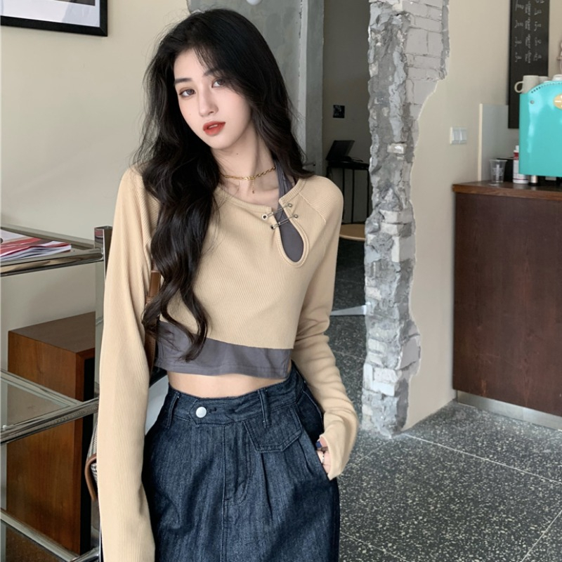 Hot girls wear spring and autumn short tops women's design niche slim high waist bottoming shirt long sleeve t-shirt ins trend