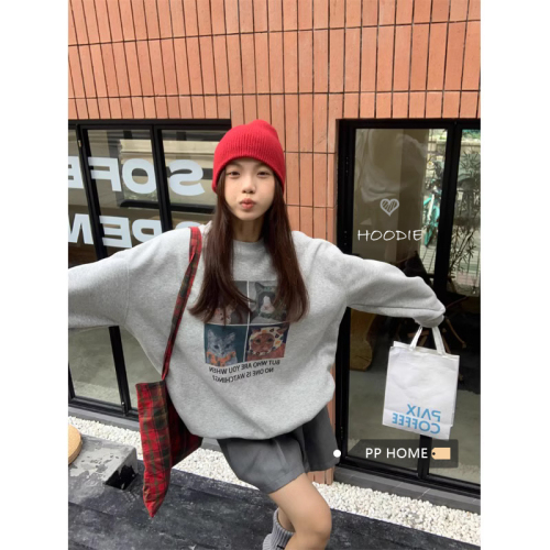 Official picture Korean style design cat print sweatshirt for women in autumn loose, simple and versatile long-sleeved round neck