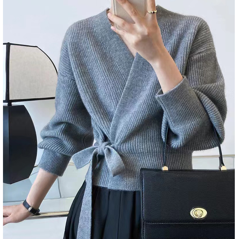 Wool cross-lace knitted cardigan women's V-neck autumn and winter retro French Korean style sweater top loose