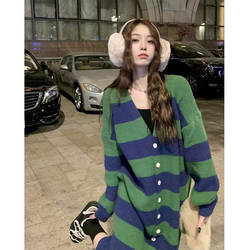 韓版慵懶風設計感條紋復古長款大毛衣女秋冬新款寬鬆百搭開衫外套