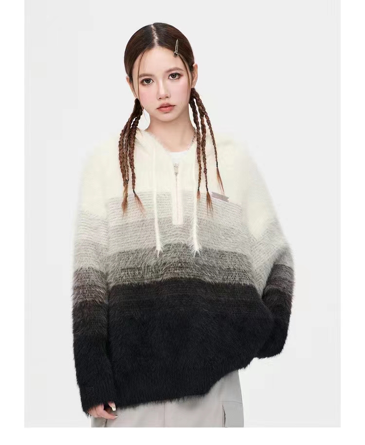 美式漸變條紋半拉鏈連帽毛衣外套女冬慵懶風寬鬆馬海毛套頭針織衫