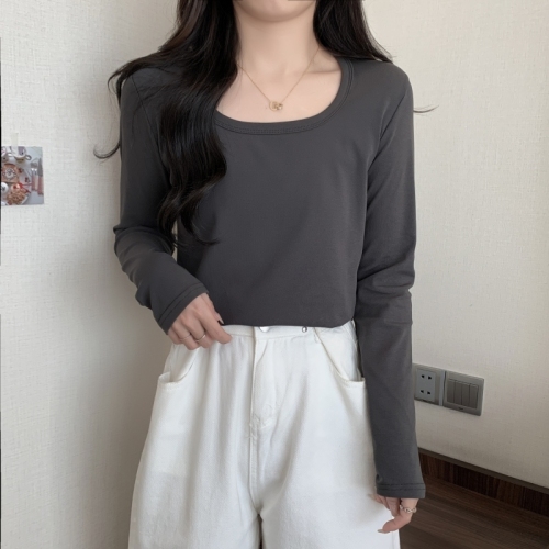 Actual shot of ammonia velvet brushed long-sleeved T-shirt for women with square collar, collarbone, high waist, short bottoming shirt