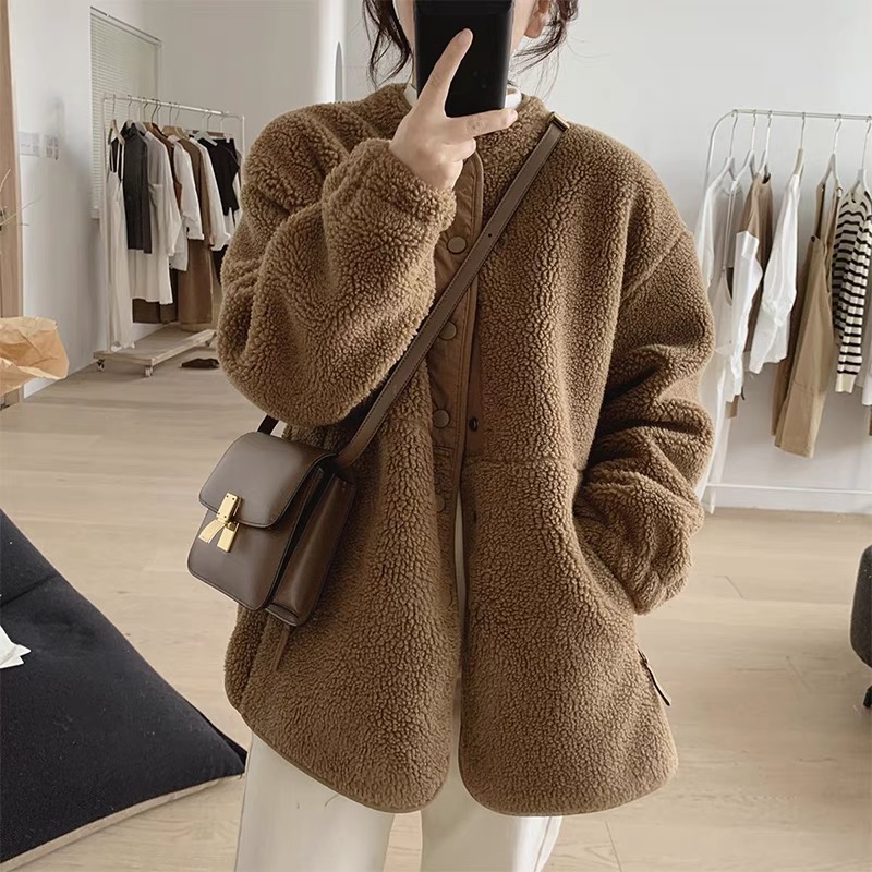 Support activities winter thickened stand collar lamb wool coat loose color matching thickened coat M-4XL 200 pounds