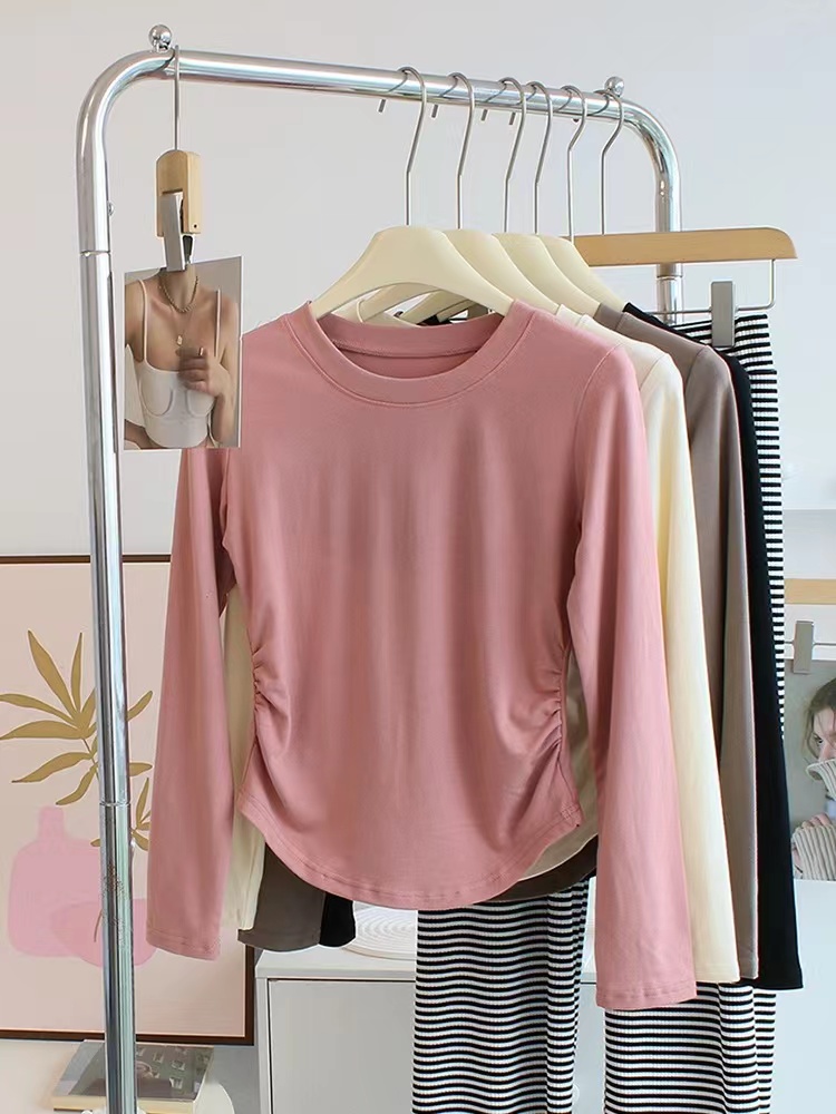 Round neck long-sleeved T-shirt for women autumn 2023 new solid color inner top elastic side shirring short bottoming shirt