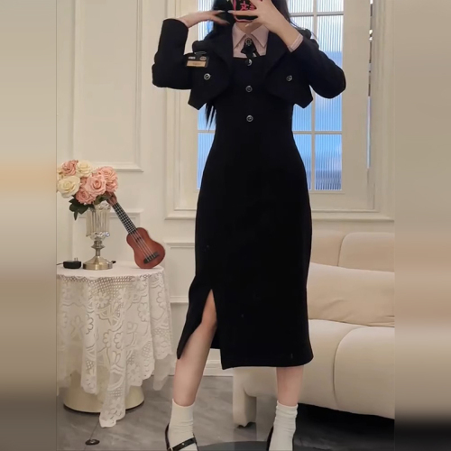 高级感黑色吊带连衣裙子套装女2023早秋季新款茶系穿搭一整套长裙