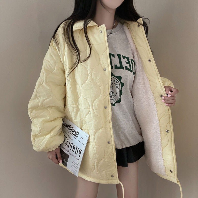 韓國chic 秋冬 菱形格 羊羔毛 棉衣棉服麵包服