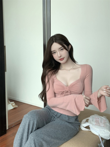 Sweet Hot Girl Square Neck Long Sleeve T-Shirt Women's Spring Pure Desire Slim Short Style Design Niche Tops and Bottoming Shirts