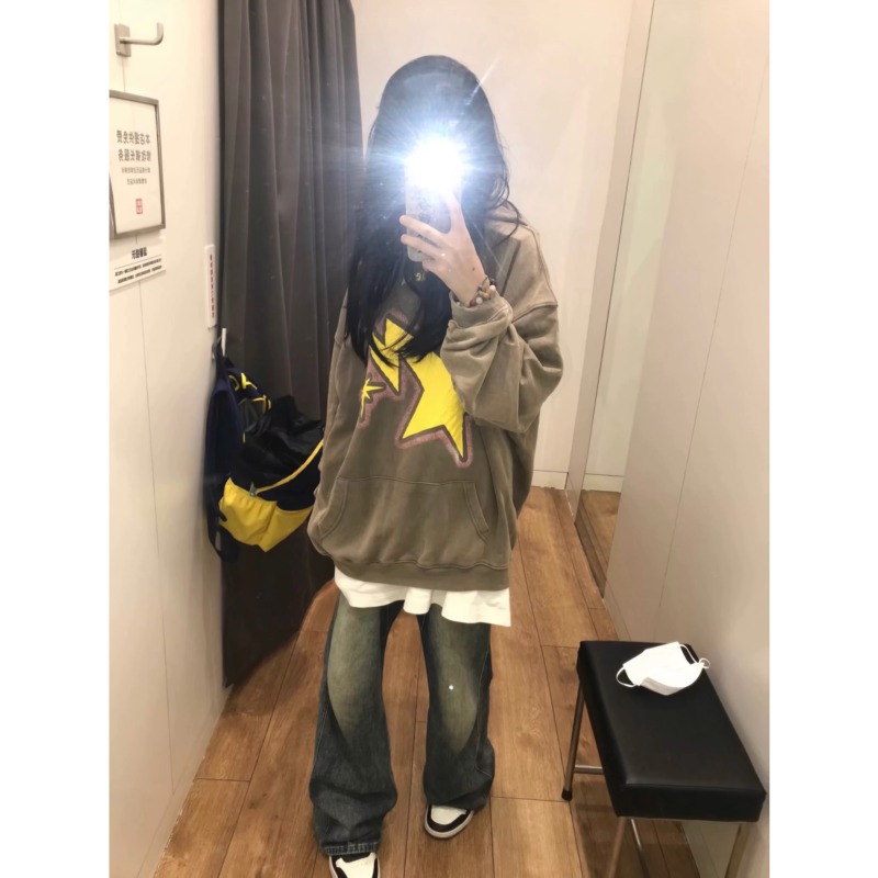 American retro vintage star sweatshirt hooded jacket for women Korean style lazy style thickened early autumn thin top