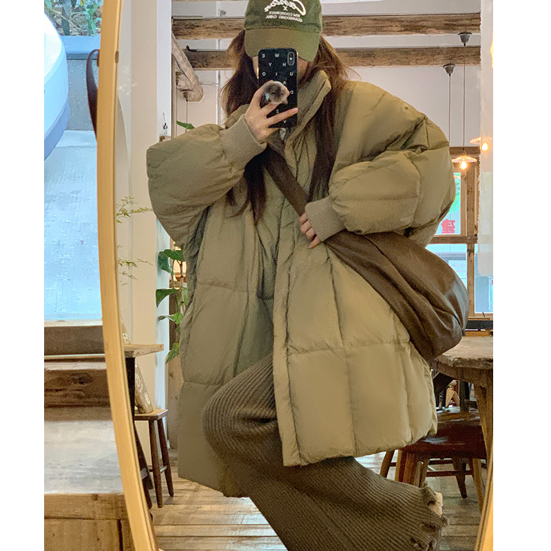 Official picture 2023 Korean style stand collar bat sleeve mid-length down jacket for women winter loose and slim cotton coat trendy