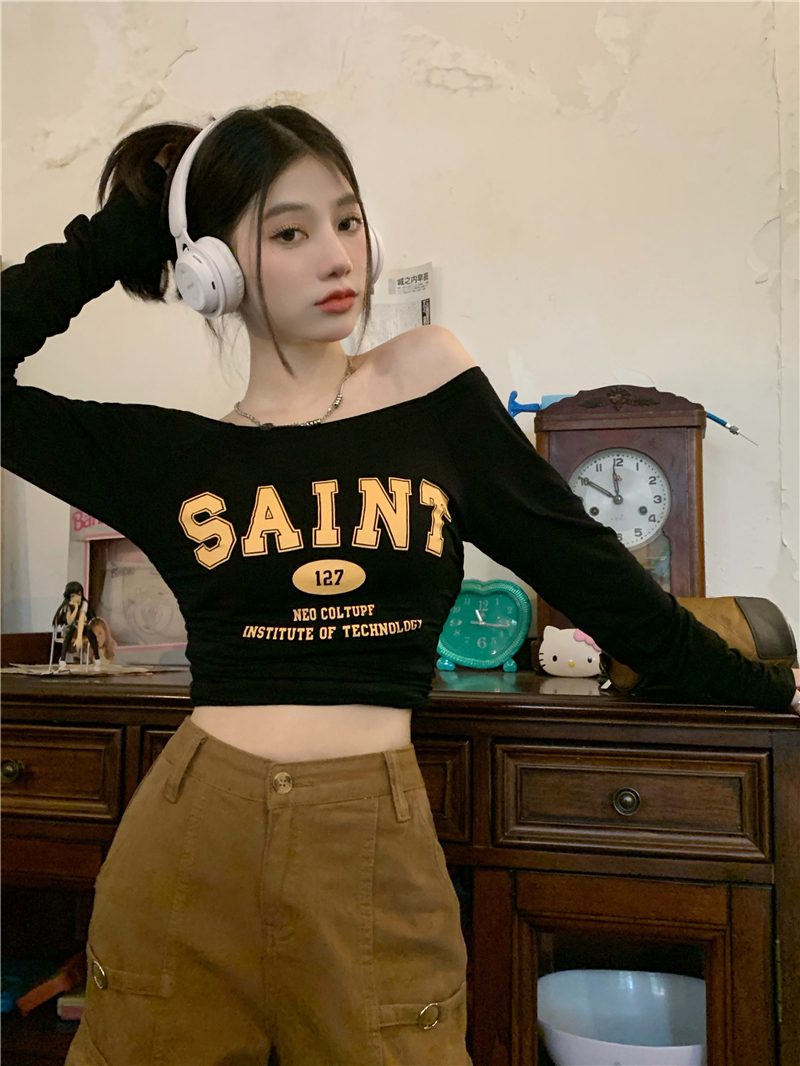 Official photo One-shoulder long-sleeved T-shirt for women American retro all-match hot girl sun protection blouse slim short top