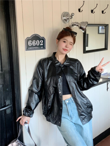 Actual shot of retro loose Korean style lapel motorcycle suit pilot leather jacket trendy jacket