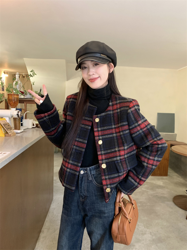 實拍 復古格子短款小香風外套女秋冬韓版小個子上衣