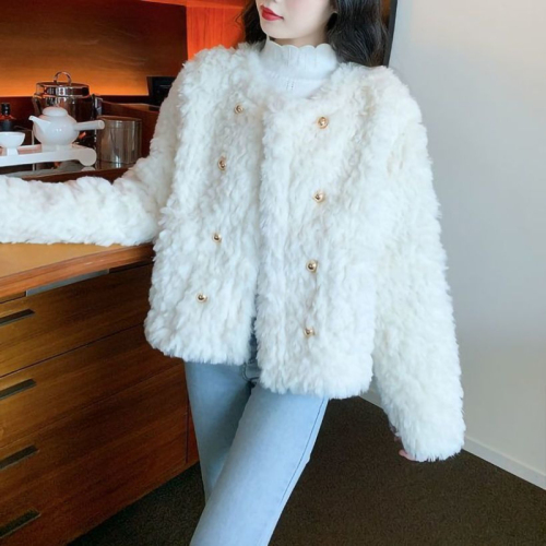 Lamb wool coat for women  winter small fragrant style loose thickened plush white fur top cotton coat