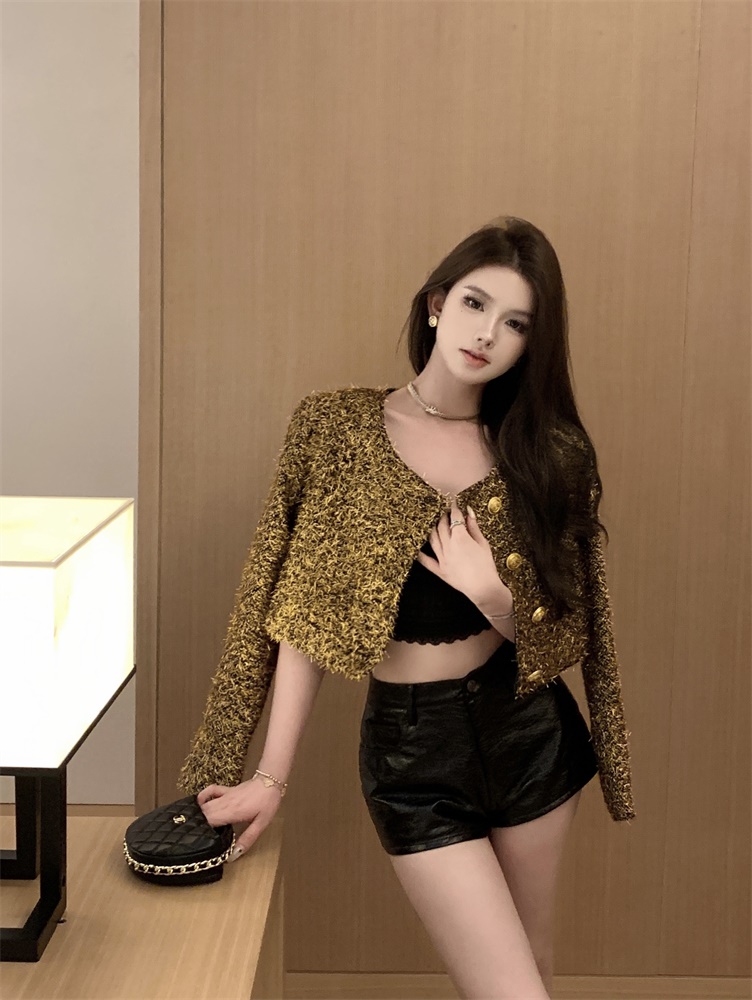 Real shot Xiaoxiang style high-end tassel retro gold buckle bright silk fabric round neck jacket