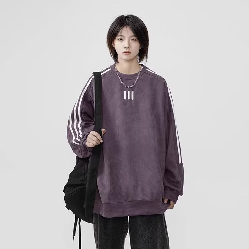 Heavy American Plum Purple Sweater Women's Autumn Trendy Brand New Loose Round Neck Long Sleeve Couple Suede Hoodie Jacket