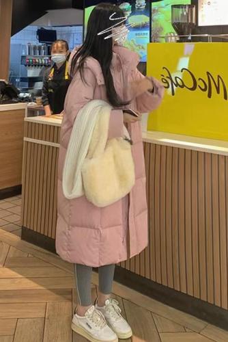  Down Cotton Jacket Women's Winter College Style Hooded Pink Mid-Length Over-the-Knee Bread Jacket Thick