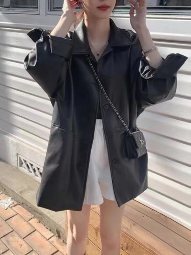 Korean Lapel Single Breasted Leather Jacket Women's Autumn New Loose Versatile Fake Leather Jacket Top