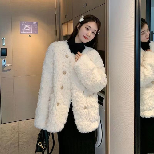 Lamb wool coat for women  winter small fragrant style loose thickened plush white fur top cotton coat