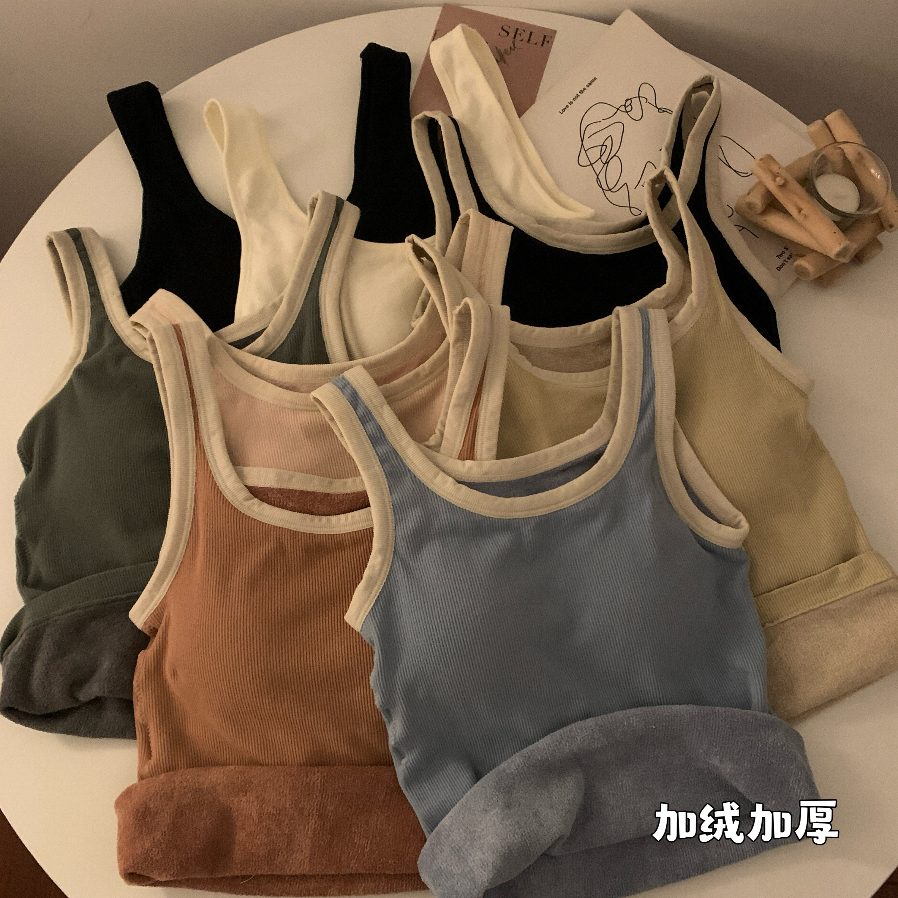 實拍糖果色秋冬純色內搭吊帶背心加絨保暖修身打底衫無袖上衣