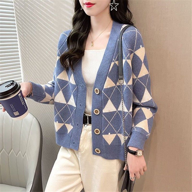 V-neck knitted cardigan jacket new diamond cardigan versatile thin coat top loose knitted sweater imitation mercerized cotton