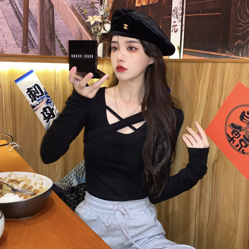 Real shot of ammonia velvet brushed long-sleeved T-shirt for women with design sense bottoming shirt for women Korean version