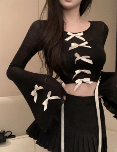 Real shot of Sweet Cool Hot Girl Bow T-shirt Women's Autumn Slim Short Design Bell Sleeve Long Sleeve Top