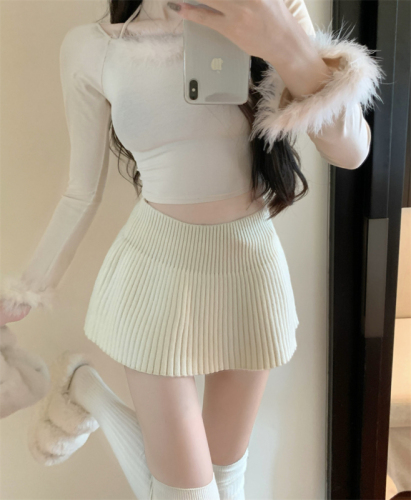 Real shot ~ hot girl with long legs showing pure desire knitted pleated skirt elastic woolen sexy A-line mini skirt