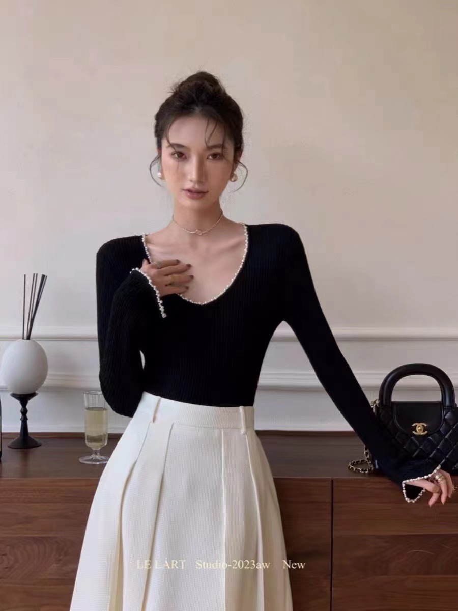 LELART retro high-end top design French pearl edge slim long-sleeved versatile sweater women's bottoming shirt