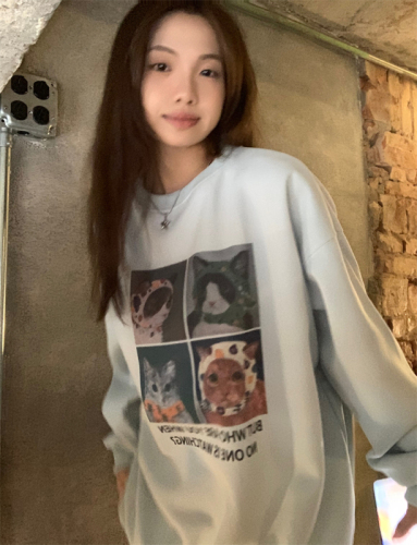 Official picture Korean style design cat print sweatshirt for women in autumn loose, simple and versatile long-sleeved round neck