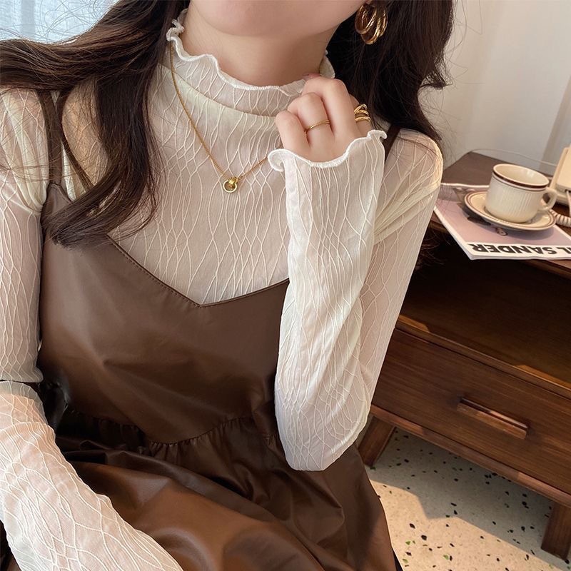 Half-high collar fungus-edged bottoming shirt for women, autumn and winter new long-sleeved T-shirt, chic little shirt with inner top