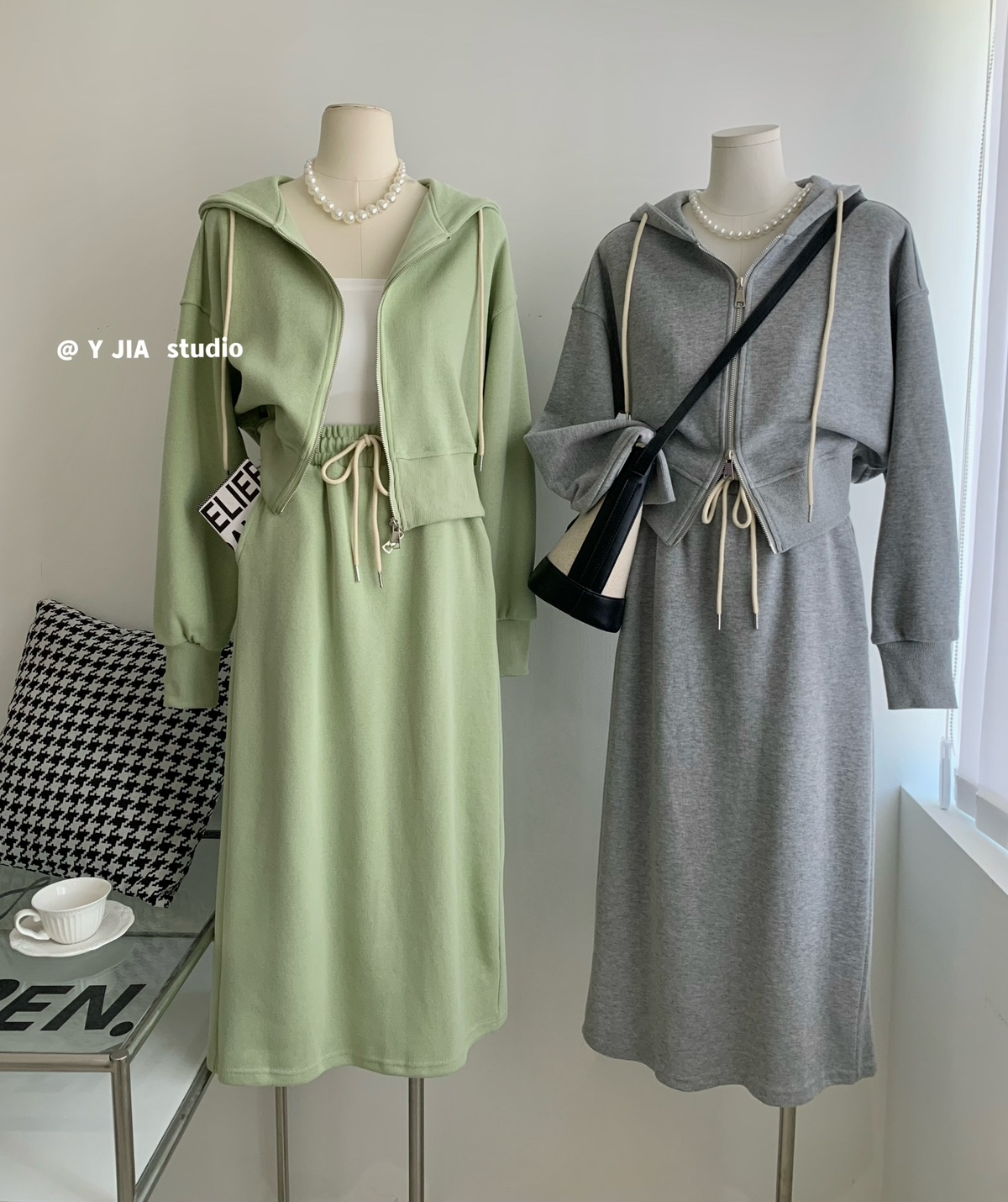 2023 Korean fashion Korean style suit women's zipper hooded sweatshirt + slit elastic waist skirt