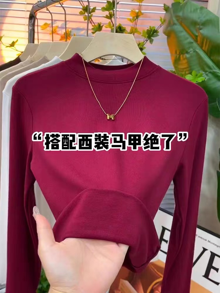 Red Half-Turtle Collar Modal Bottoming Shirt Women's Autumn and Winter Universal Inner Spring and Autumn Plush Brushed Long Sleeve T-Shirt Top