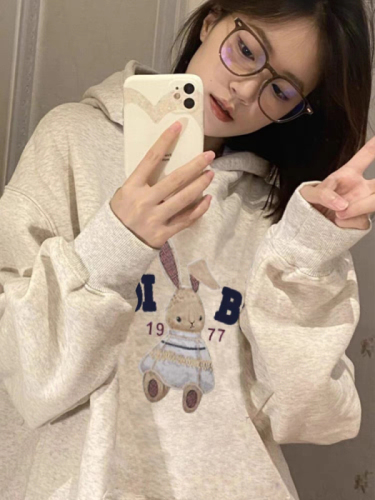 Official Photo Autumn Outfit  New Cute Rabbit Hooded Sweatshirt Women's Loose Lazy Style Casual Versatile Top