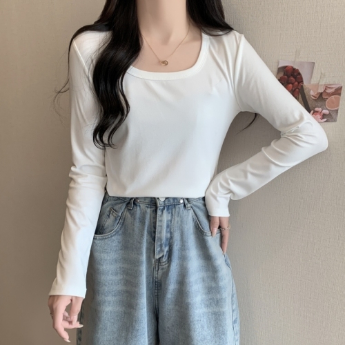 Actual shot of ammonia velvet brushed long-sleeved T-shirt for women with square collar, collarbone, high waist, short bottoming shirt